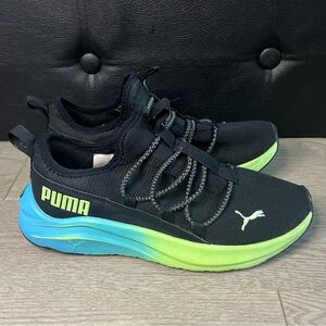 Puma Kids/Youth Black Sneakers with Green and Blue Accents in size US 6